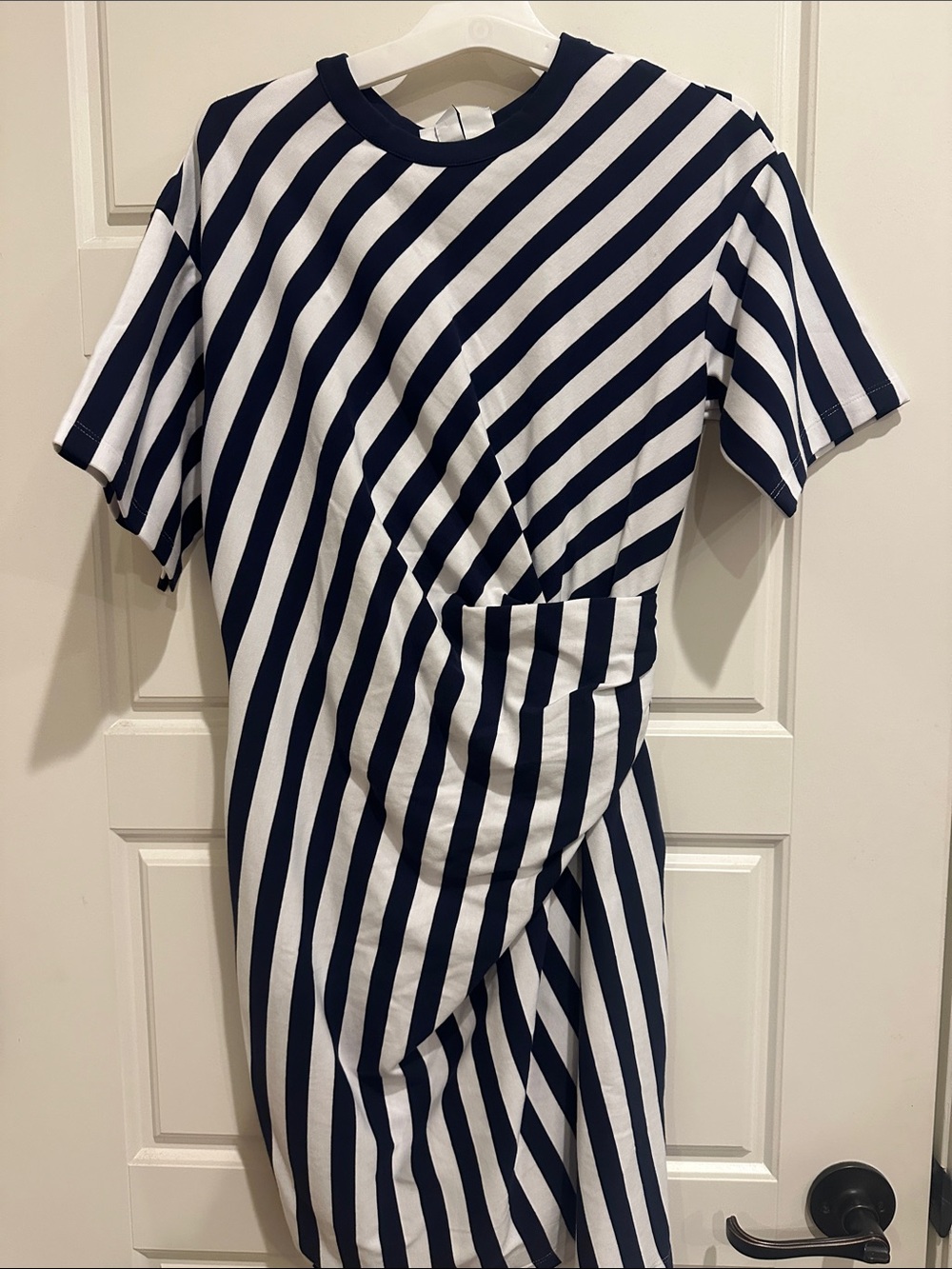 Rosie Assoulin Navy and White Diagonal Stripe Sheath Dress XS
